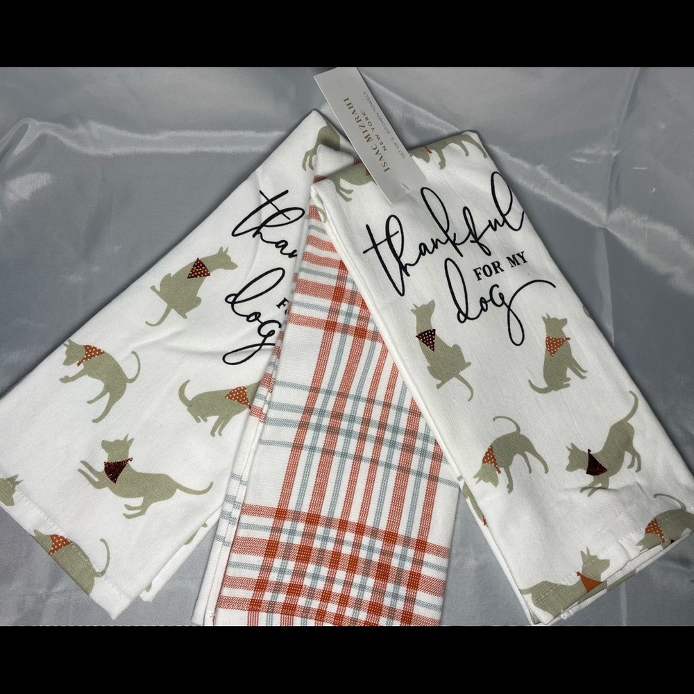 Isaac Mizrahi Thankful For My Dog Gold Foil 3 Pack Kitchen Towels